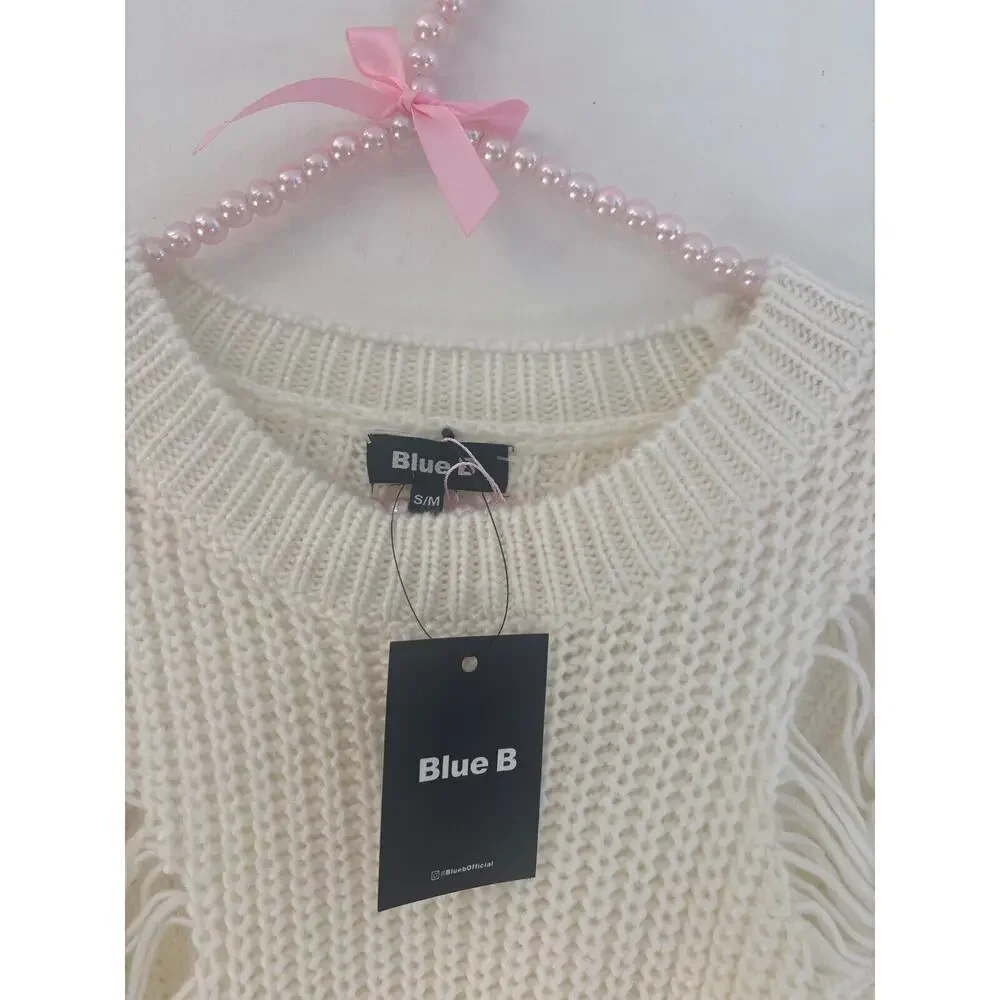 NWT Blue B Boutique Distressed Sweater Ivory‎ Size S/M & M/ L Boho Indie Spring